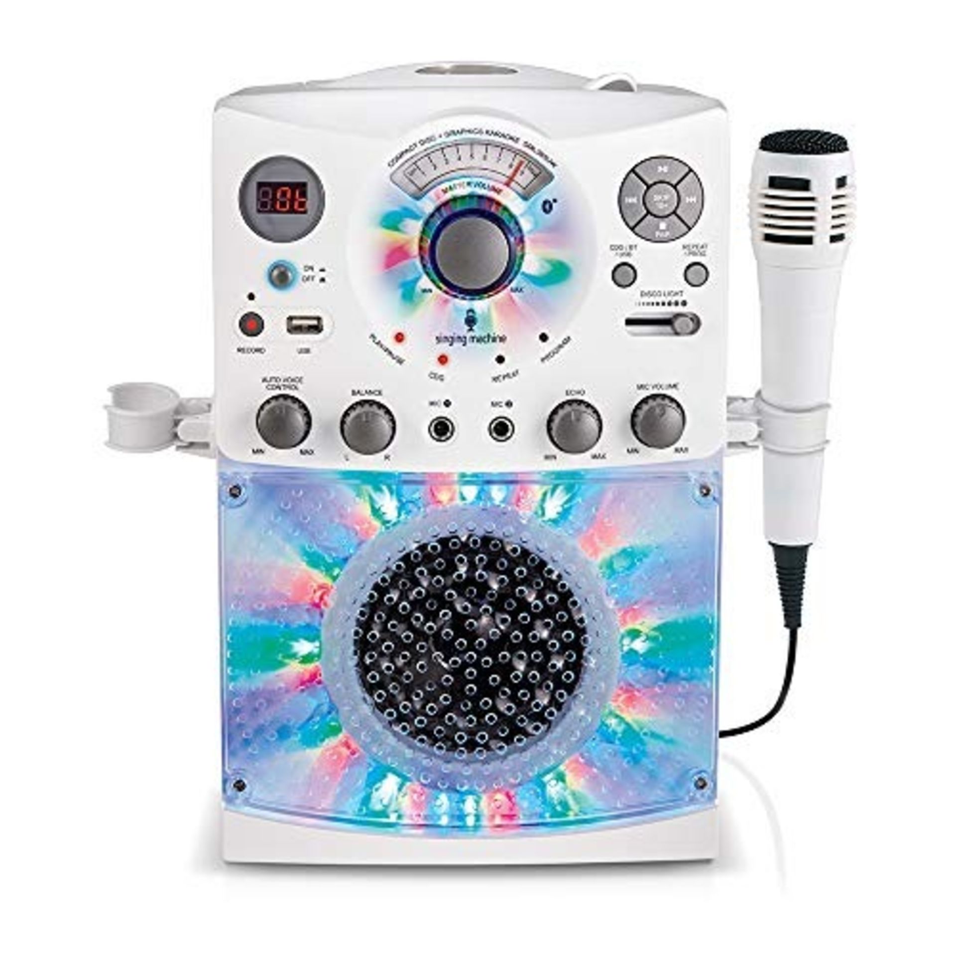 Singing Machine Bluetooth Karaoke System with LED Disco Lights USB and Microphone Portable, White,