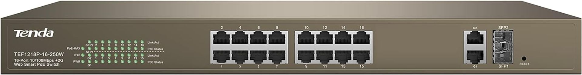 NEW & BOXED TENDA TEF1218P-16-250W 16-Port 10/100 PoE/2-Port Gigabit/2-Port SFP Web Smart Switch. - Image 3 of 3