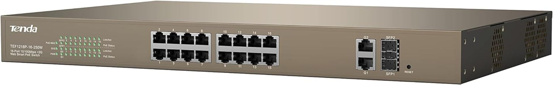 NEW & BOXED TENDA TEF1218P-16-250W 16-Port 10/100 PoE/2-Port Gigabit/2-Port SFP Web Smart Switch. - Image 2 of 3