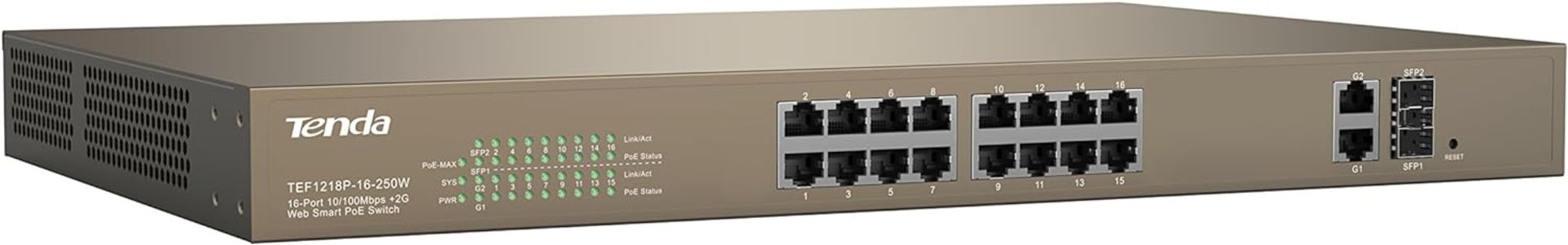 NEW & BOXED TENDA TEF1218P-16-250W 16-Port 10/100 PoE/2-Port Gigabit/2-Port SFP Web Smart Switch.