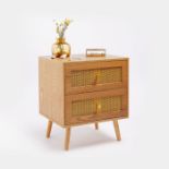 Rattan Bedside Table Nightstand Cabinet 2 Drawer Wood Veneer Side Table - ER39
