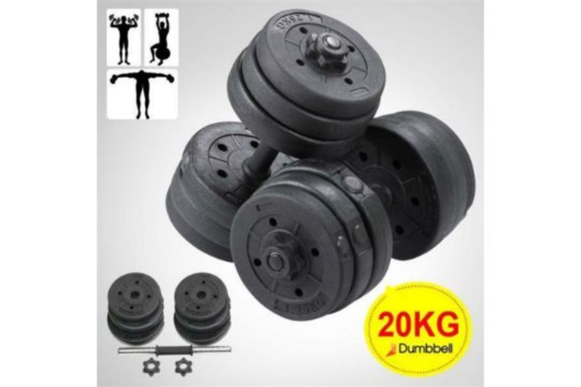 5 x SETS OF 2 - 20KG ADJUSTABLE WEIGHT DUMBBELL SETS. EACH SET INCLUDES: 4 X 3KG WEIGHTS, 2 X 2.