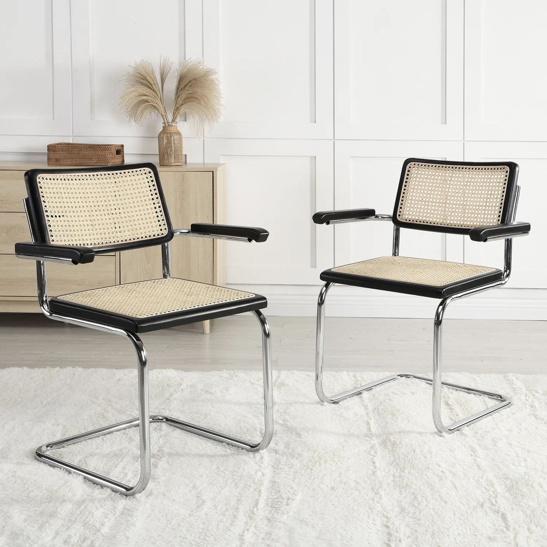 Rayna Pair of 2 Solid Beech Dining Chairs with Armrests, Natural Cane & Chrome (Black). - R14BW. RRP - Bild 2 aus 2