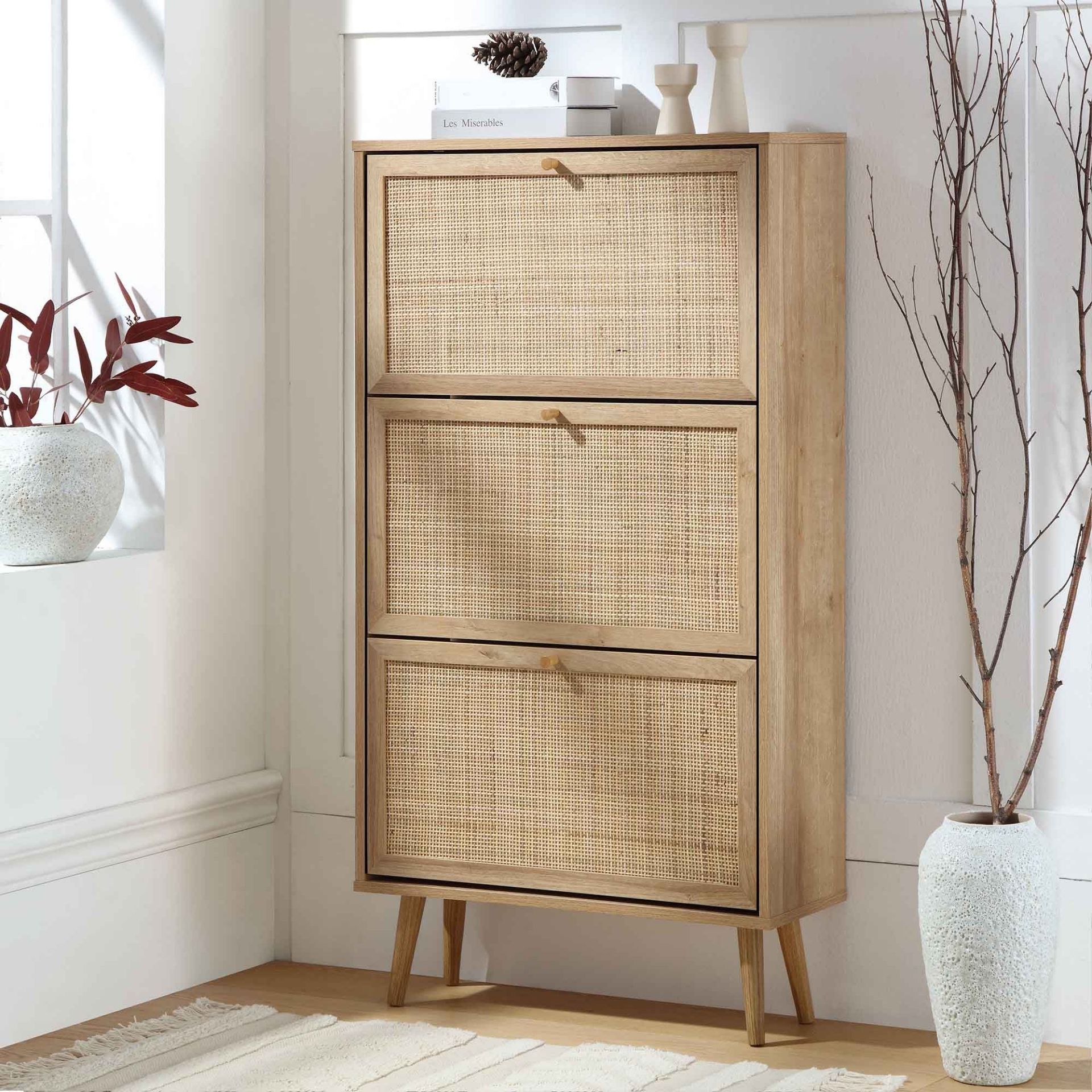 Frances Rattan 3 Tier Shoe Storage Cabinet, Natural. - R19.5. RRP £239.99. The cabinet has 3 tiers
