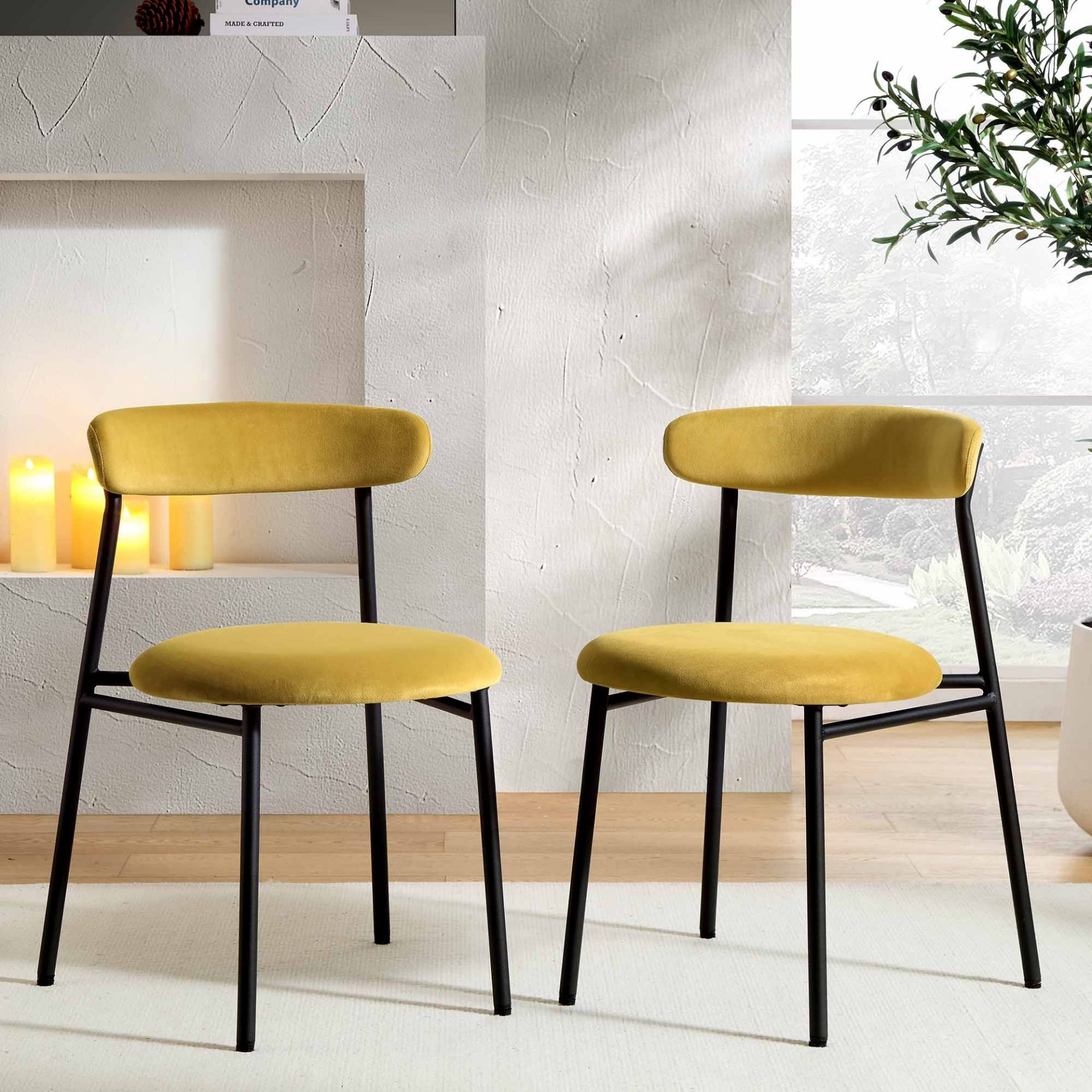 Donna Set of 2 Mustard Yellow Velvet Dining Chairs. - R14BW. RRP £219.99. With slightly curved - Image 2 of 2