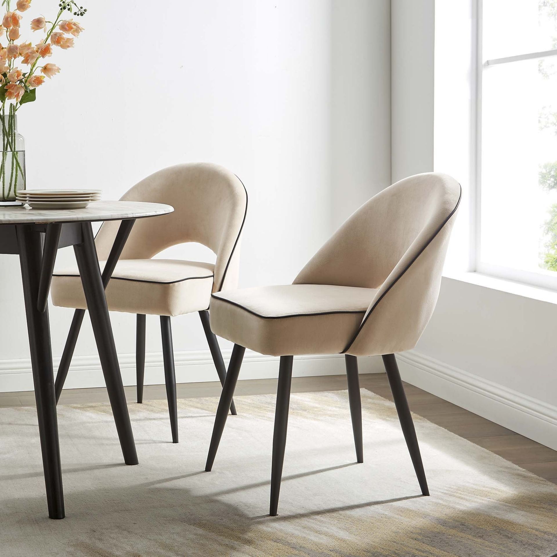Oakley Set of 2 Champagne Velvet Upholstered Dining Chairs with Contrast Piping. - R14BW. RRP £249. - Image 2 of 2