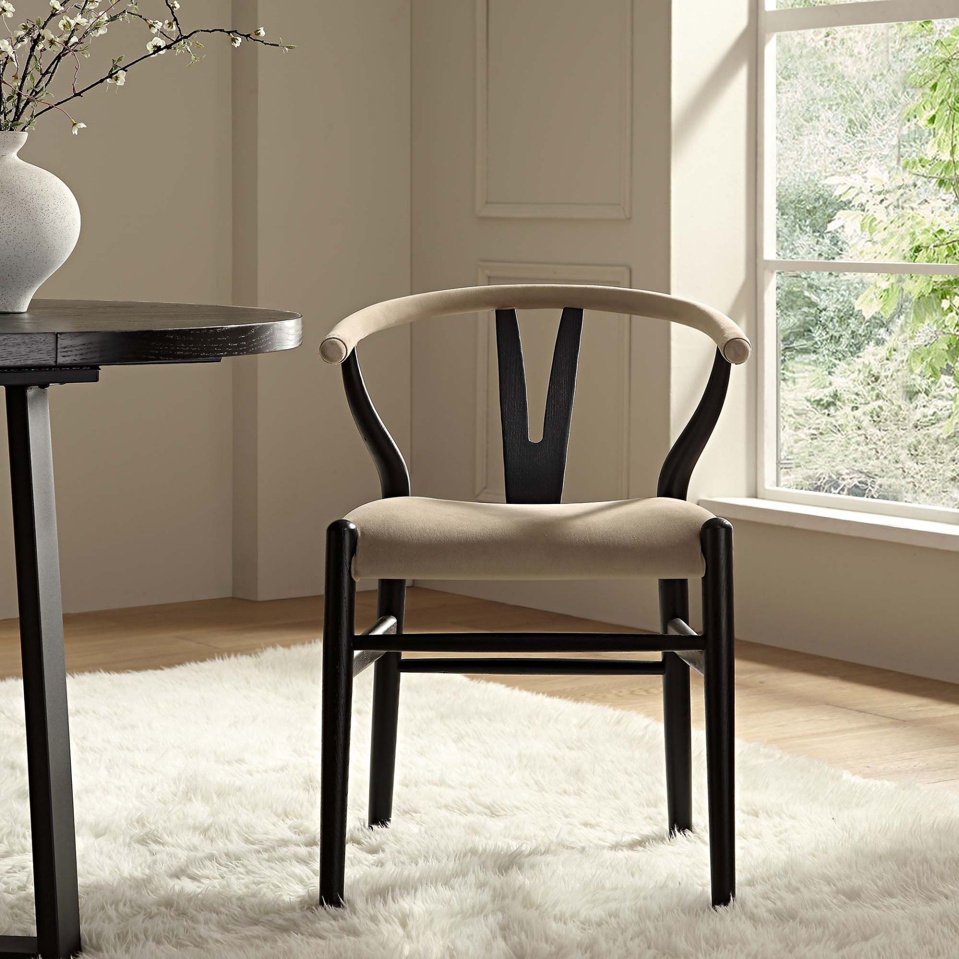 Hansel Wishbone Padded Dining Chair, Taupe Velvet and Black Frame. - R13.7. RRP £219.99. Inspired by