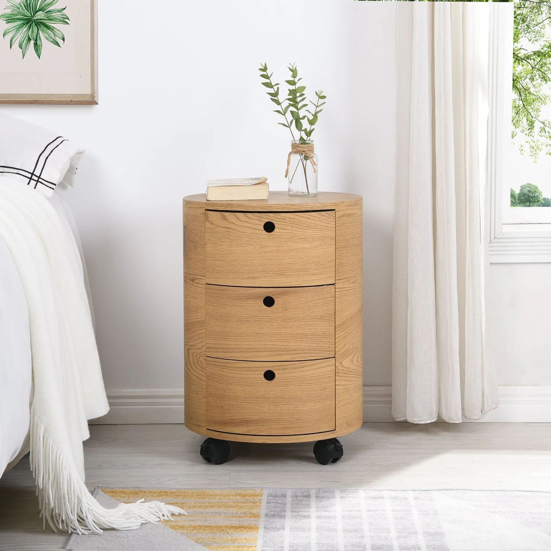 DOLIO Drum Chest Bedside Table, Barrel Side Table with Drawers Oak 3 Drawer. - R19.1. RRP £219.99.