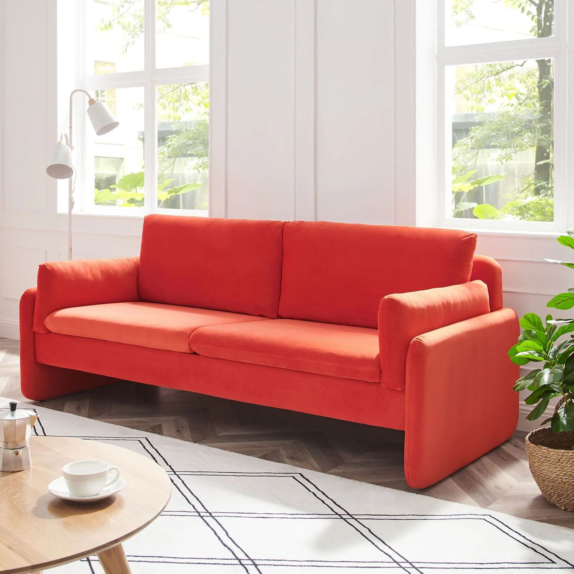 Clapham 3-Seater Flaming Orange Velvet Fabric Sofa. - R14. RRP £659.99. With s-shaped coil wrapped