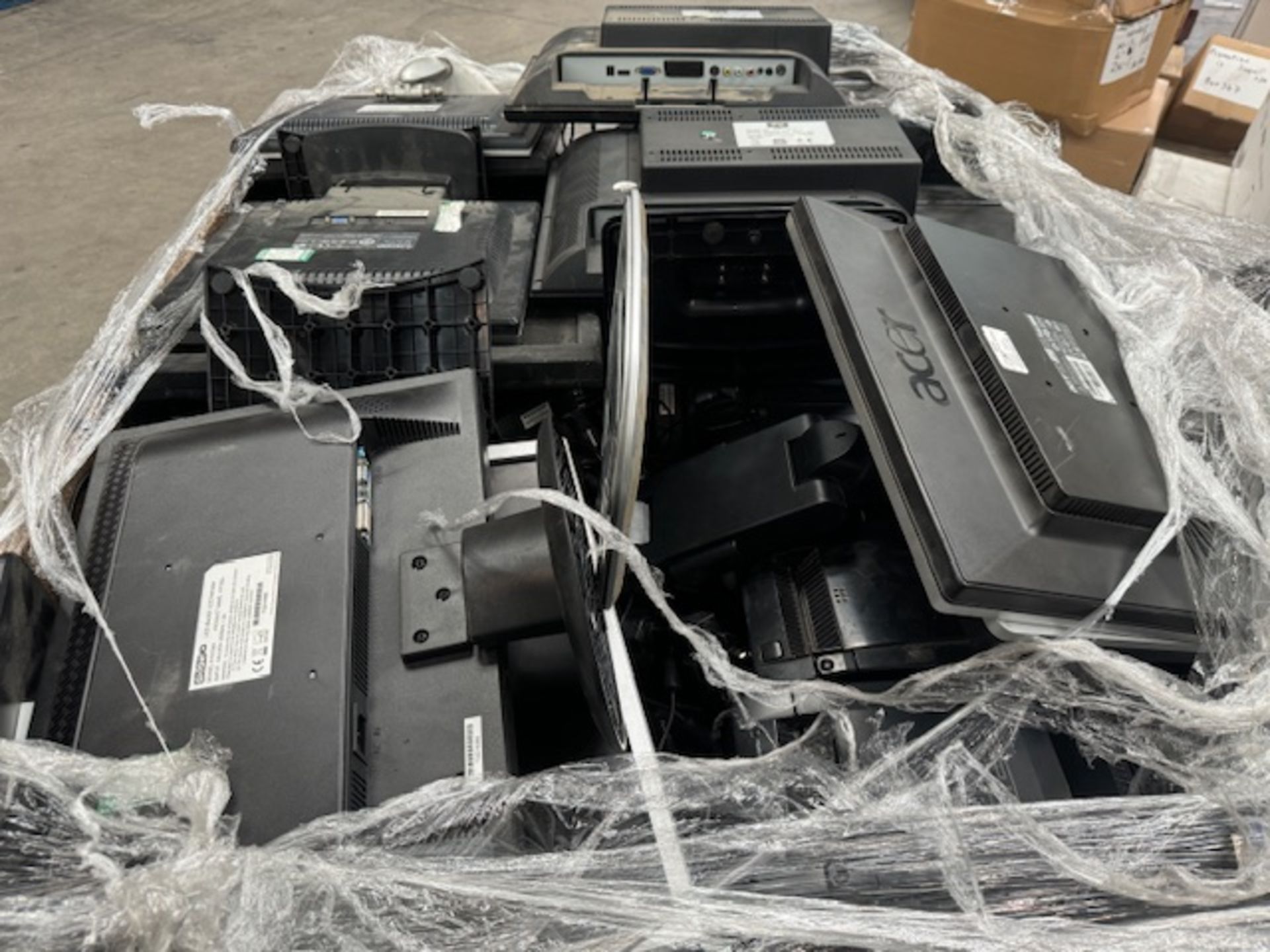 IT PALLET TO CONTAIN A QUANTITY OF MONITORS INCLUDING TV LINE, EDGE, TILL PRINTERS ETC