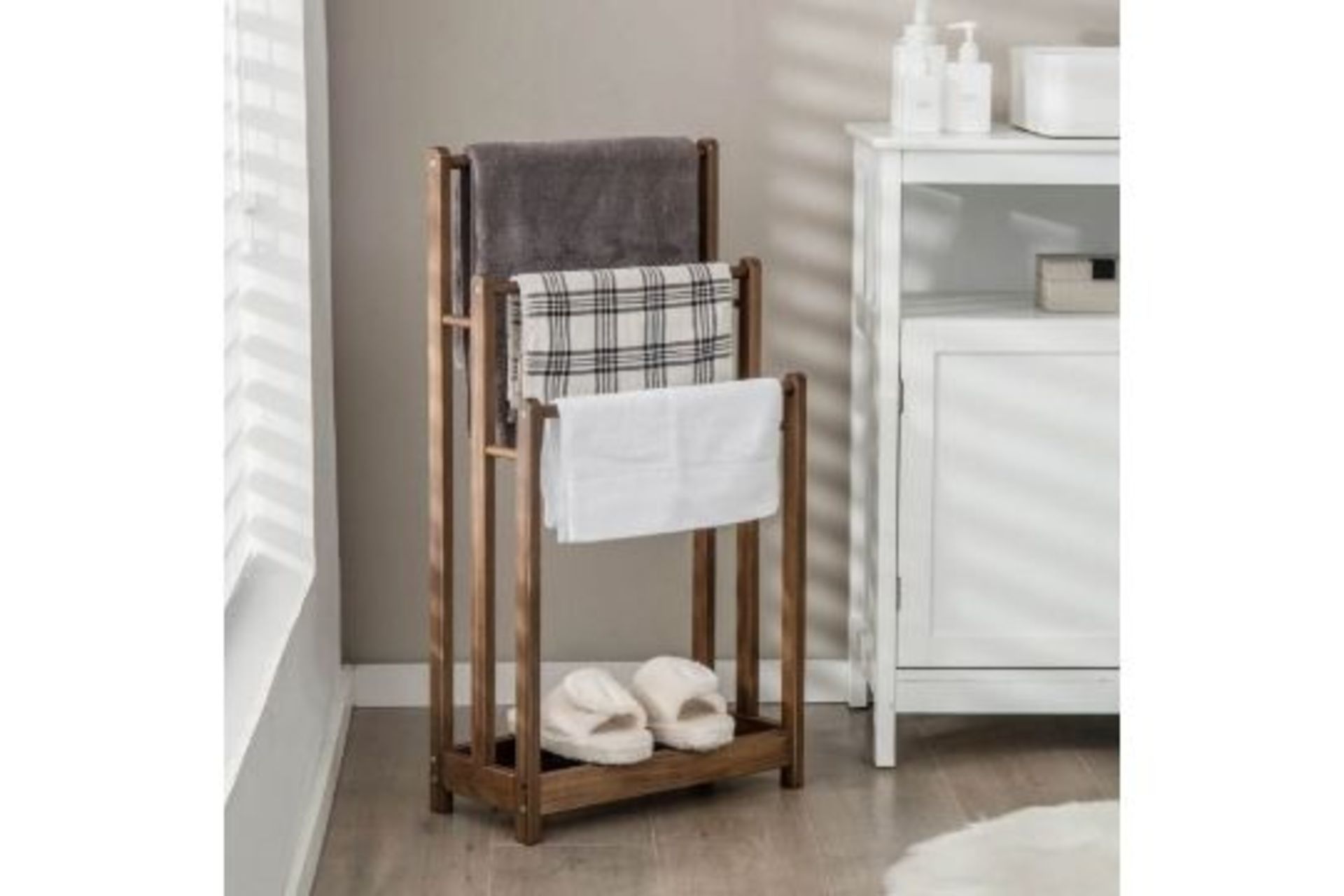 Freestanding Wood Towel Rack with 3 Individual Bars and Bottom Storage Shelf. - ER24