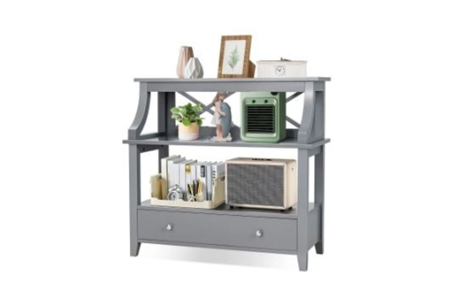3-Tier X-Shaped Console Table with Drawer and Open Storage Shelves-Grey. - ER24