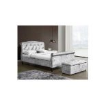 MEISSA Crushed Velvet Upholstered Double Bed with Diamante Headboard, Silver. - ER29