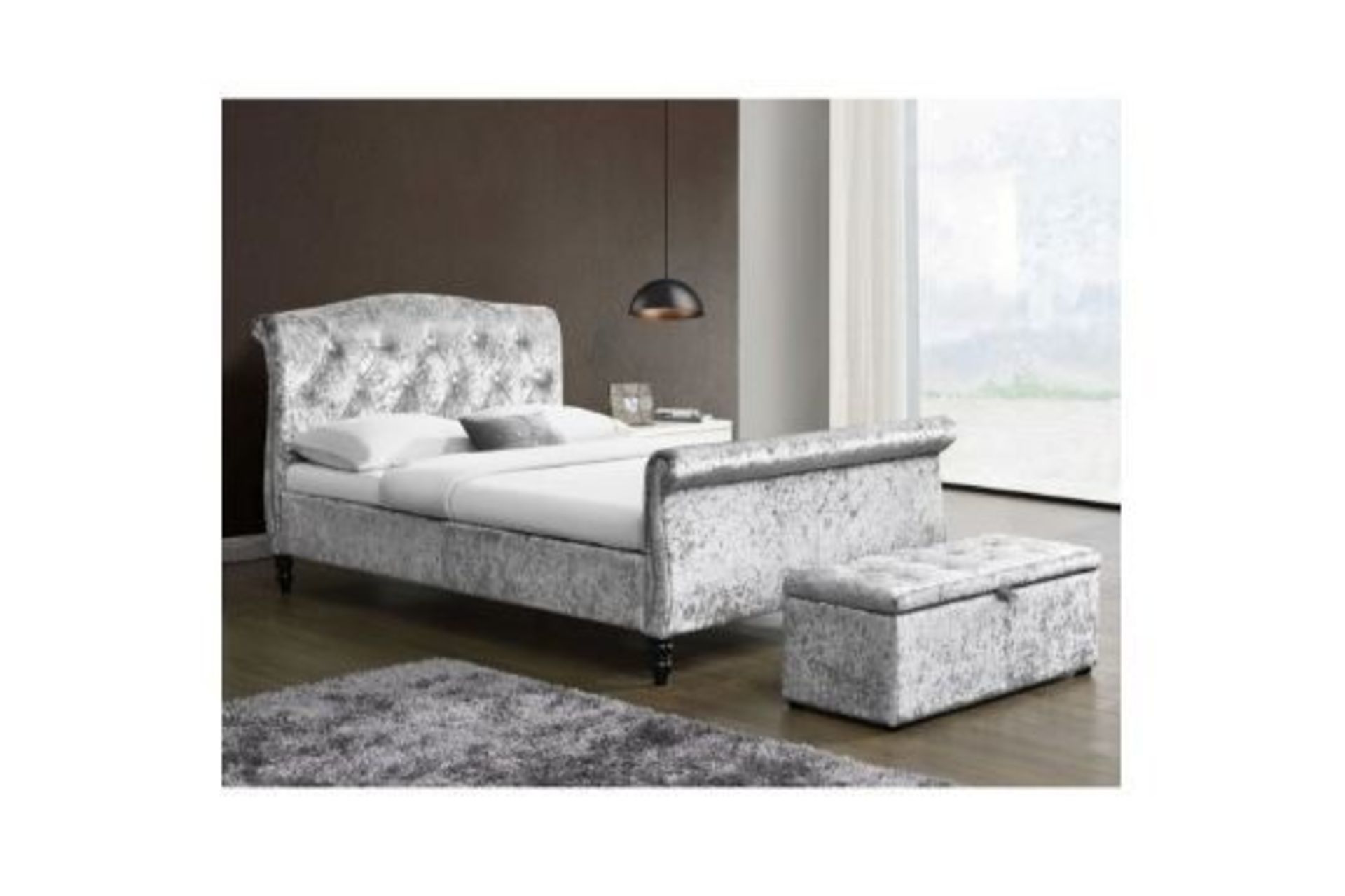 MEISSA Crushed Velvet Upholstered Double Bed with Diamante Headboard, Silver. - ER29