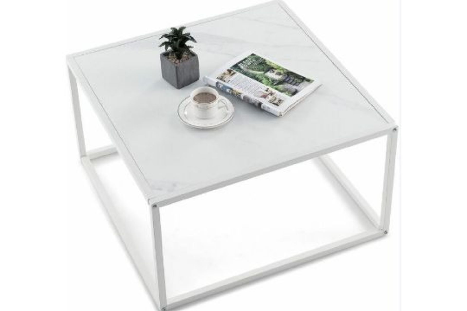Modern Square Leisure Coffee Table Sofa Side End Table with Faux Marble Tabletop. - ER24