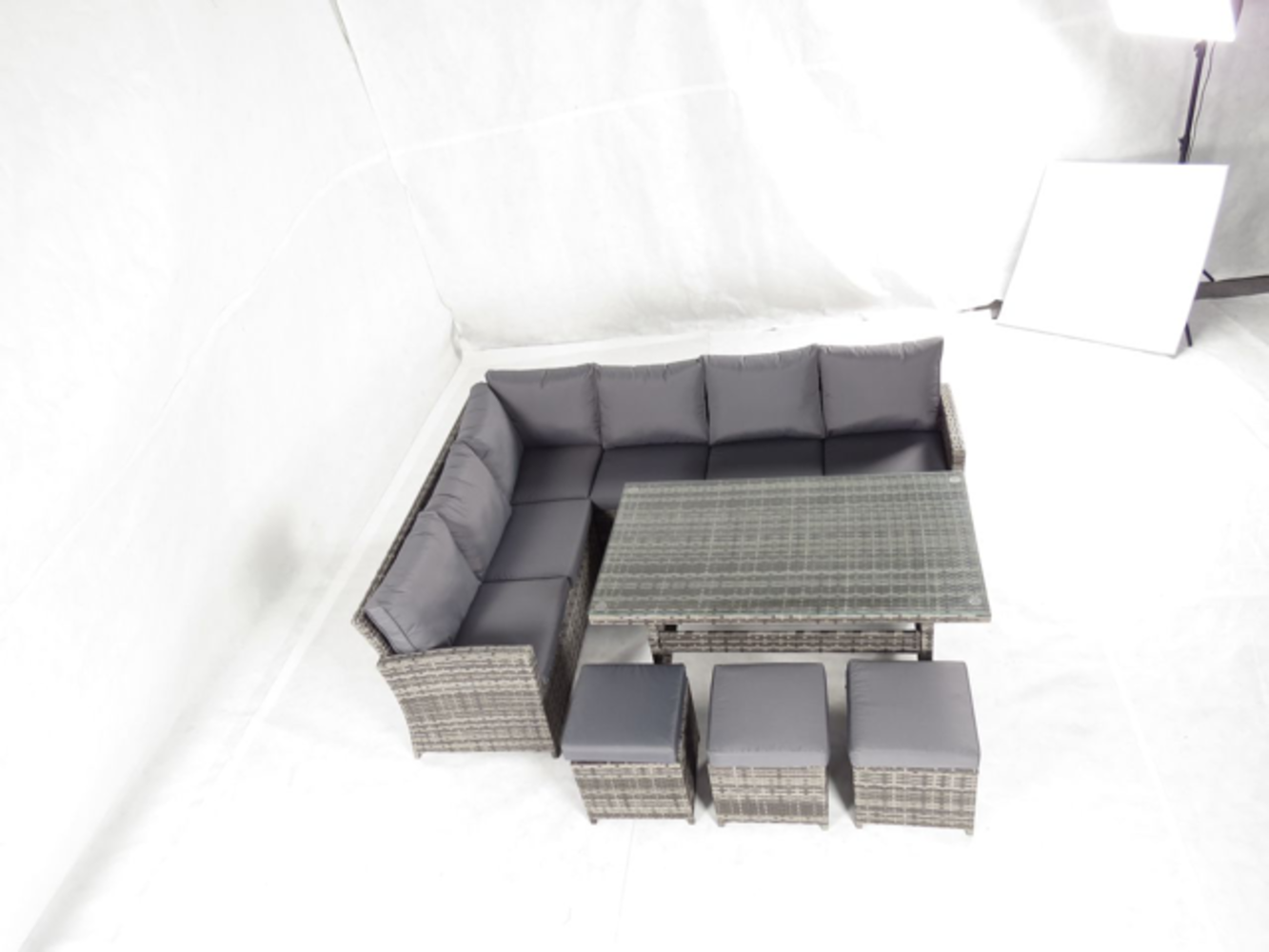 LUXURY 10 SEAT RATTAN OUTDOOR GARDEN SETS WITH CORNER SOFA, DINING TABLE AND FOOTSTOOLS. SOLD IN TRADE AND INDIVIDUAL LOTS