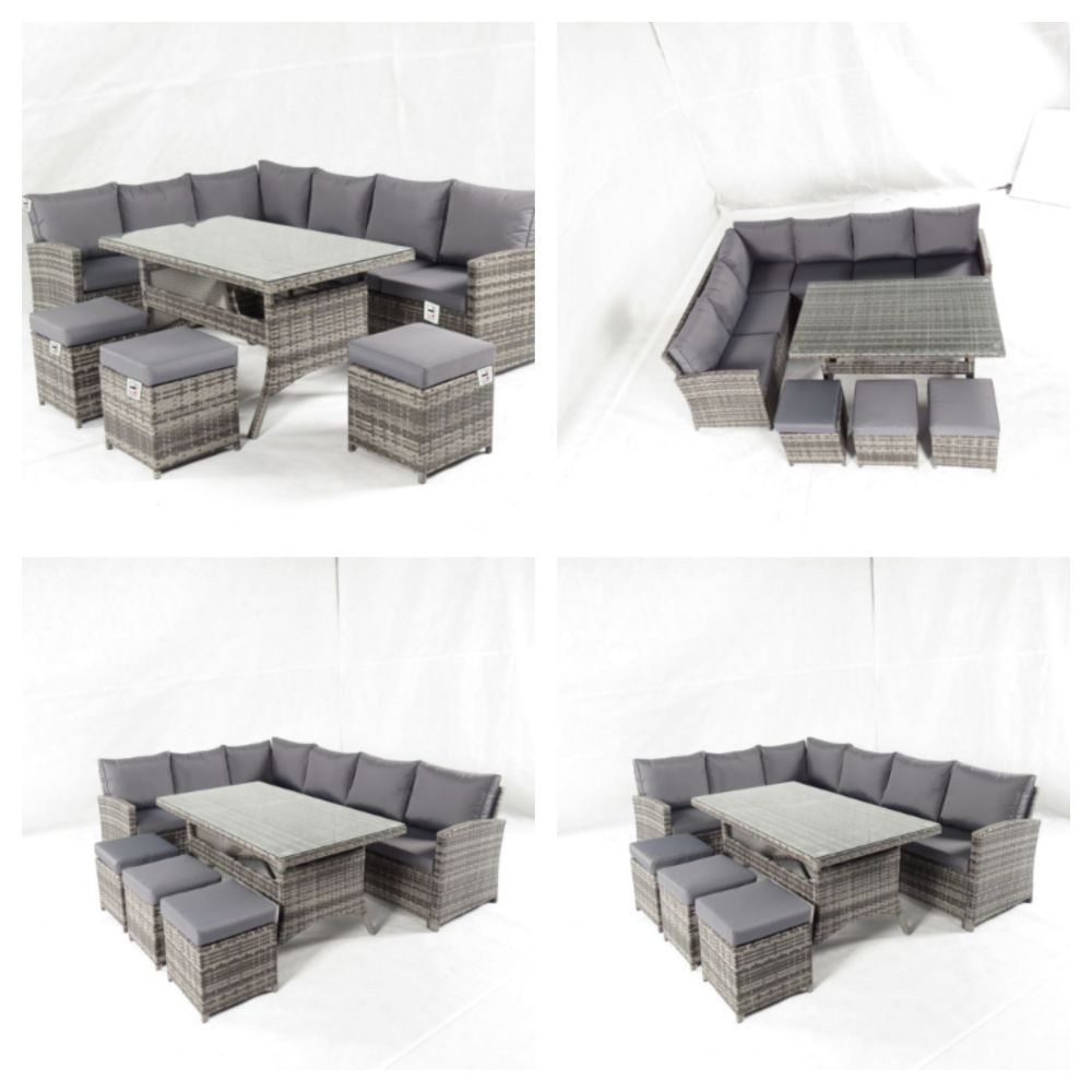 LUXURY 10 SEAT RATTAN OUTDOOR GARDEN SETS WITH CORNER SOFA, DINING TABLE AND FOOTSTOOLS. SOLD IN TRADE AND INDIVIDUAL LOTS