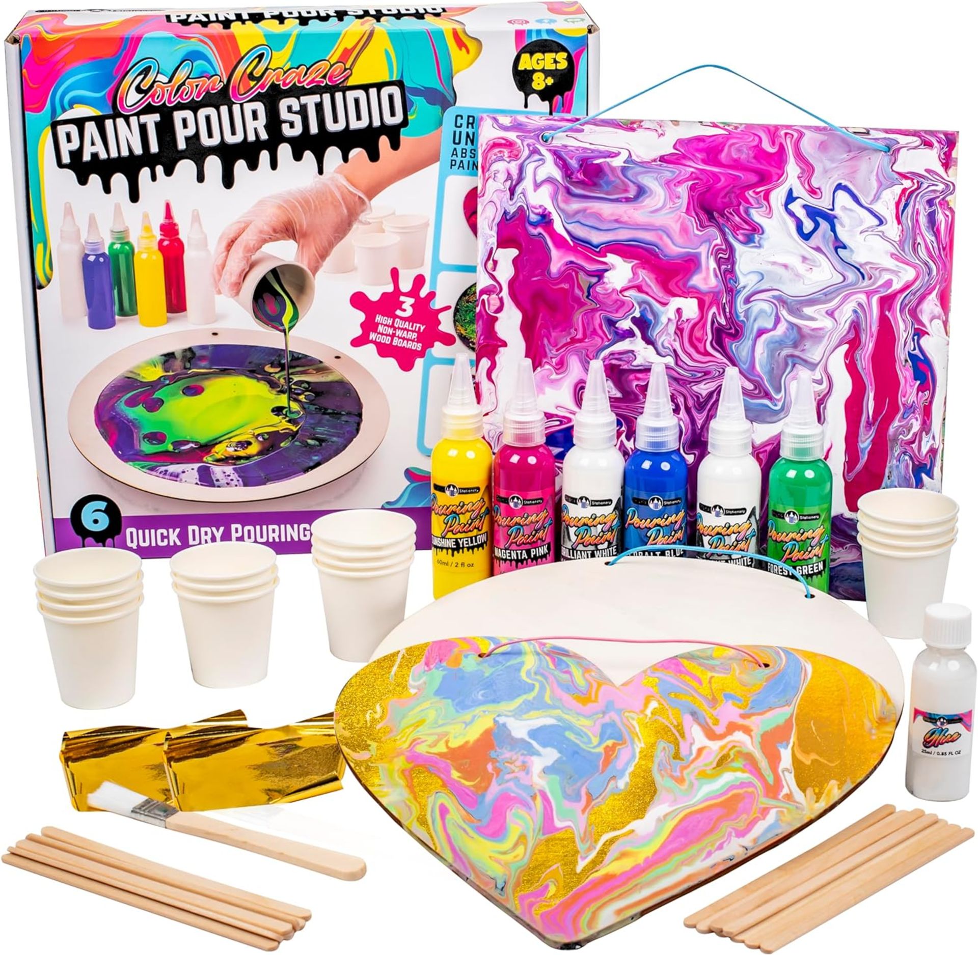 13 X Original Stationery Colour Craze Paint Pour Studio, Acrylic Paints Set with Art Supplies Like