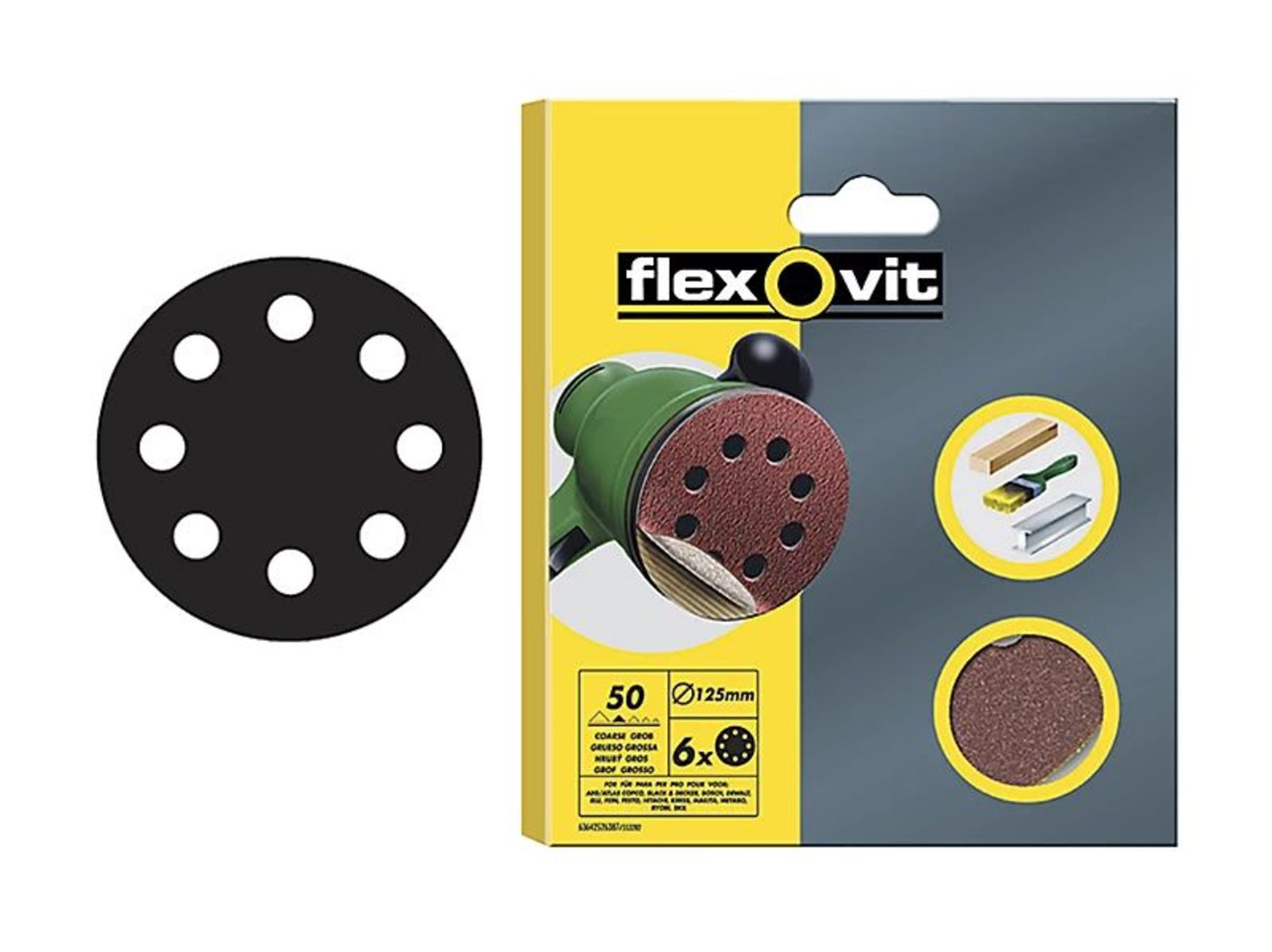 300 X Brand New Flexovit 63642526387 Hook & Loop Sanding Disc 125mm Coarse 50G Pack 6 FLV26387.