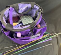 Selection of horse cleaning equipment and whips