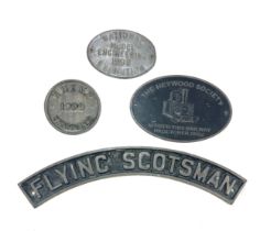 Selection of small train / train station signs to include the Flying Scotsman, Heywood society,