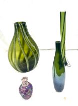 Selection green glass art vases, tallest measures approximately 16 inches, Purple cracked glass