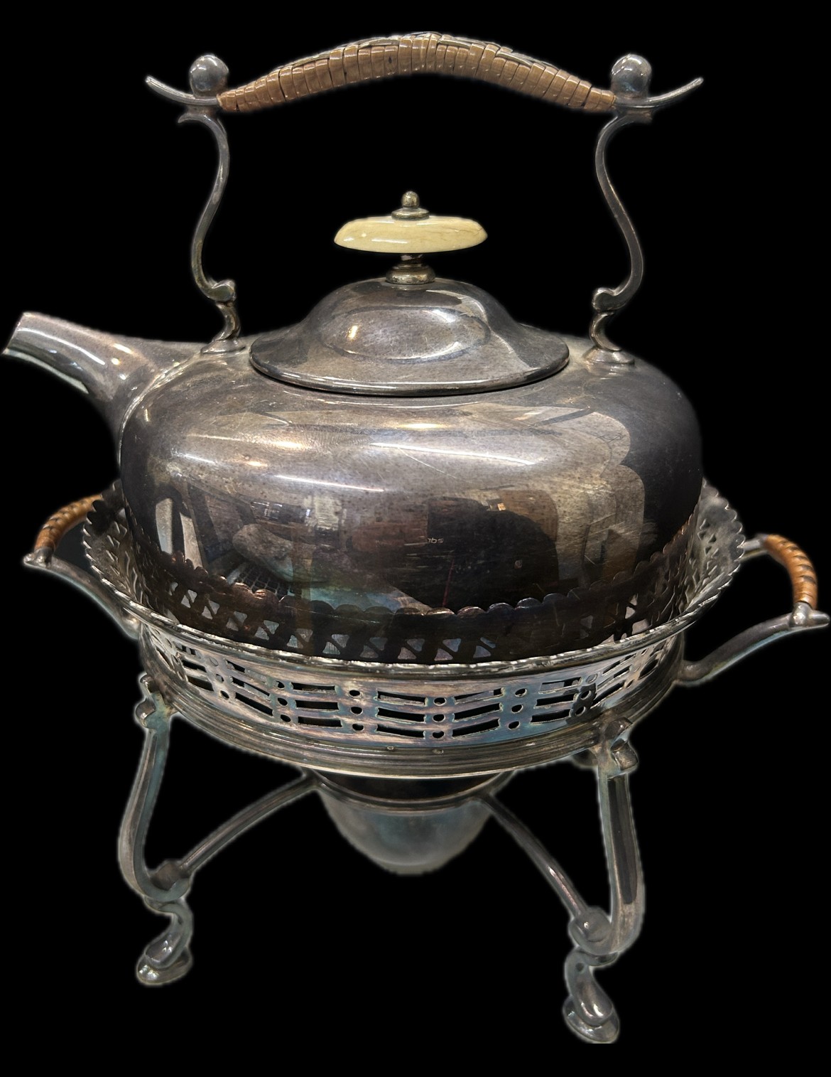 Antique silver plated spirit kettle with stand and burner, reed detailing to handle of kettle and