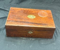 Victorian rose wood writing box measures approx 5 inches tall by 14 inches wide and 9 deep