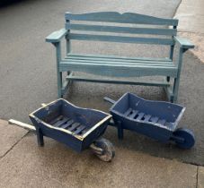 Garden bench and two wheel barrow planters - bench in need of repair