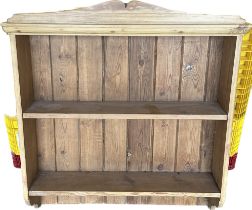 Pine wall hanging bookcase measures approx 38.5 inches tall by 33.5 inches wide and 8.5 deep