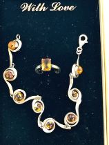 Amber silver hallmarked bracelet and silver ring