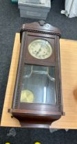 2 Keyhole mahogany wall clock with pendulum and clock, untested Height 28 inches, Width 13 inches,