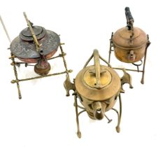 3 Vintage copper and brass small kettles on stands, 2 with burners, tallest measures: 11 x 8 inches