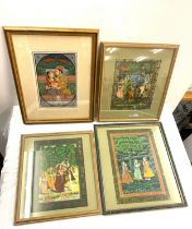 4 Indian style framed pictures, 2 on silk measures approx 14.5" by 12"