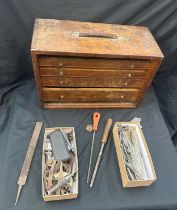 Vintage wooden tool chest and a selection of assorted tools