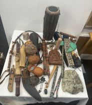2 boxes of vintage and antique tribal items items to include Jambiya knife, beadwork knife,