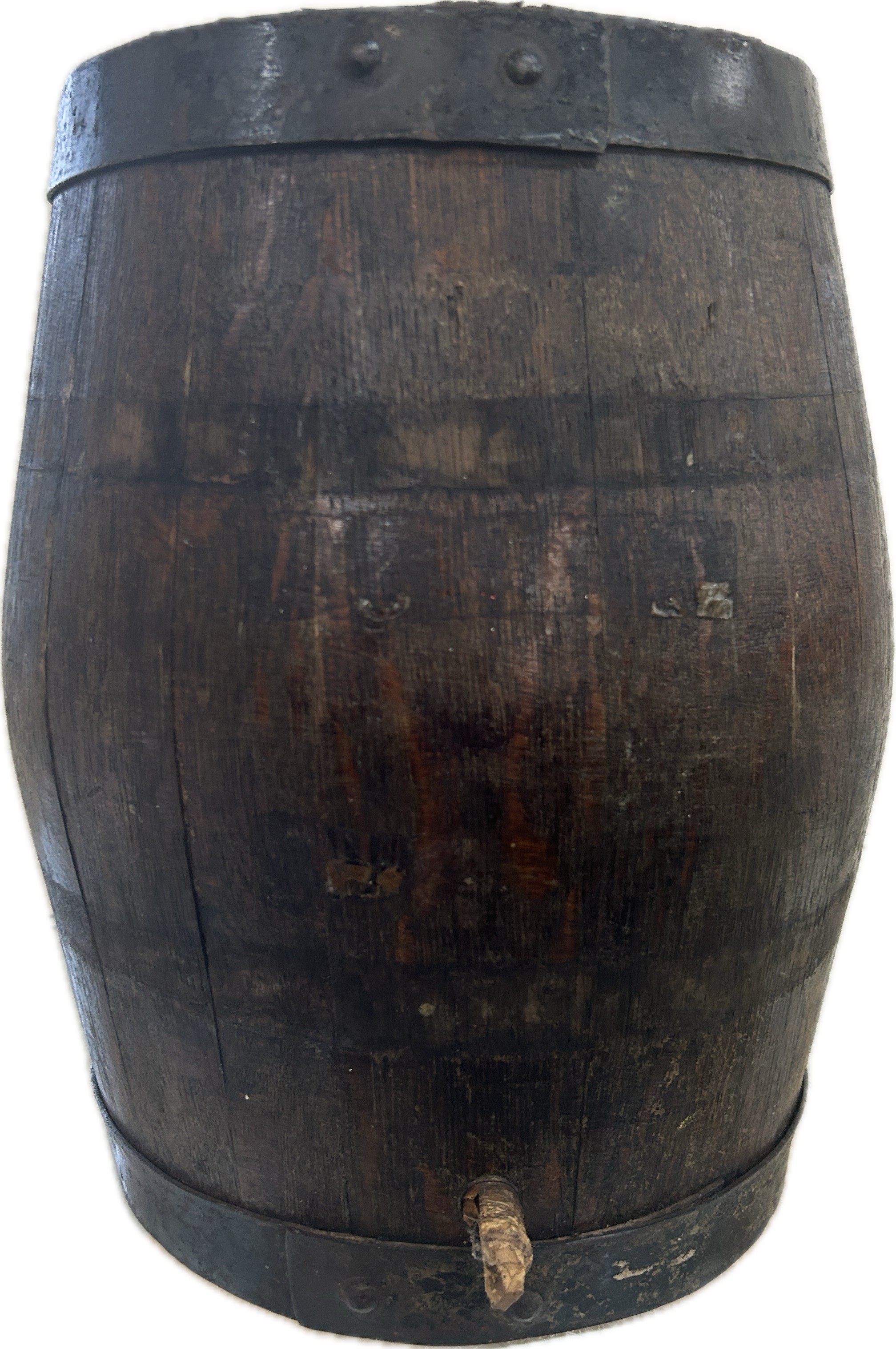 Vintage brandy barrel seat, approximate height 35cm, diameter 23cm