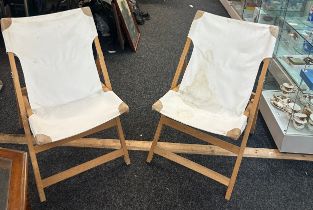 Pair fabric folding Ikea beech lounge chairs