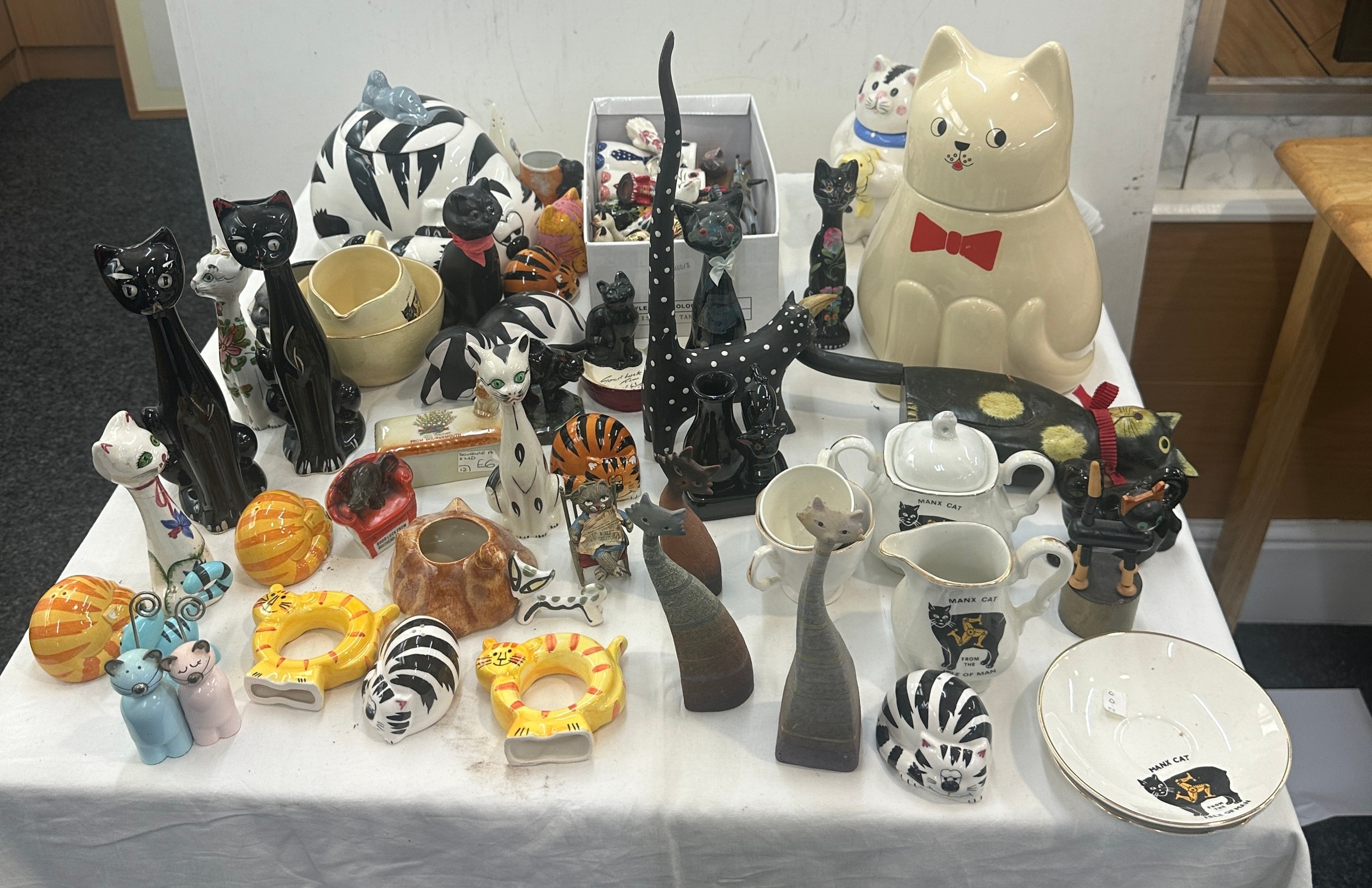 Large box of assorted cat collectables cookie jar, ornaments etc, large quantity