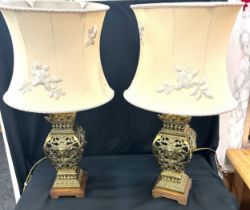 Pair of brass lamps with shades overall height 25 inches tall Untested