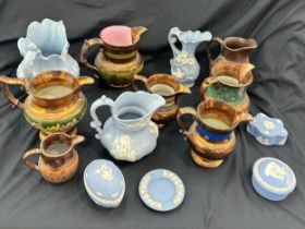 Large selection of jugs includes bursleigh ware, wedgwood etc