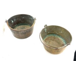 2 Large brass jam pans, largest measures approximately 12 inches in diameter, 7 inches tall