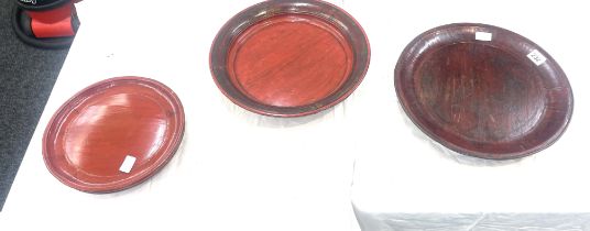 Three oriental lacquered trays largest measures 16 inches diameter