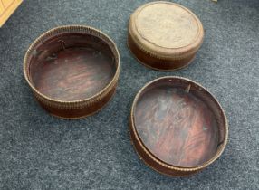 3 Vintage wicker/ bamboo boxes, one with lid 7 inches tall 20 inches diameter