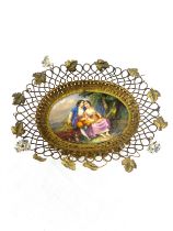 Antique french hand painted filigree gilt metal bon bon dish with porcelain flowers and base, 1