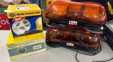 Boxed Hella Comet 500 driving lamp, Hella round bulkhead light fitting, 2 x Britax orange beacons,