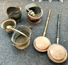 Selection of brassware to include warming pans, coal buckets, jardiniere, piano stick etc