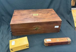 Vintage wooden writing slope, brass inlaid pencil case, and cased weights