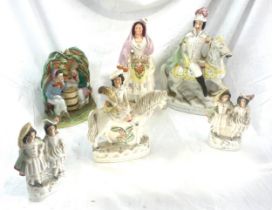 6 Antique Staffordshire figures, tallest measures approximately: 13 inches some a/f