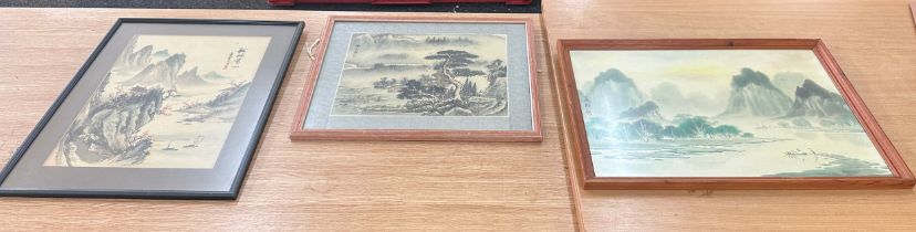 Selection of 3 framed oriental prints largest measures approximately 23 inches wide 17 inches tall